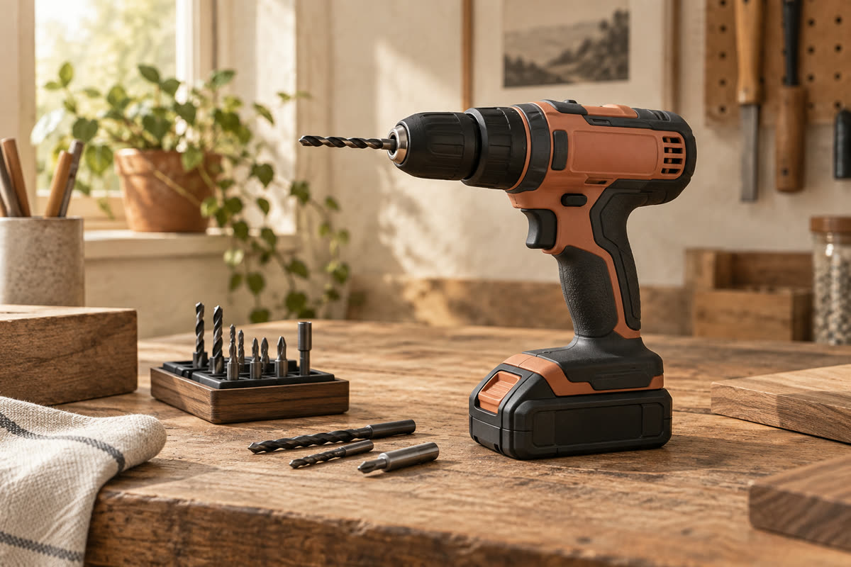 Editorial illustration of cordless drill